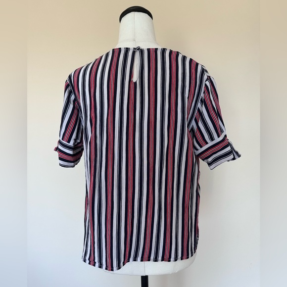 Atmos&Here V-Neck Short Sleeve Top - Red & Blue Stripe - Bow Detail - Size 12 AU - Picture 3 of 6
